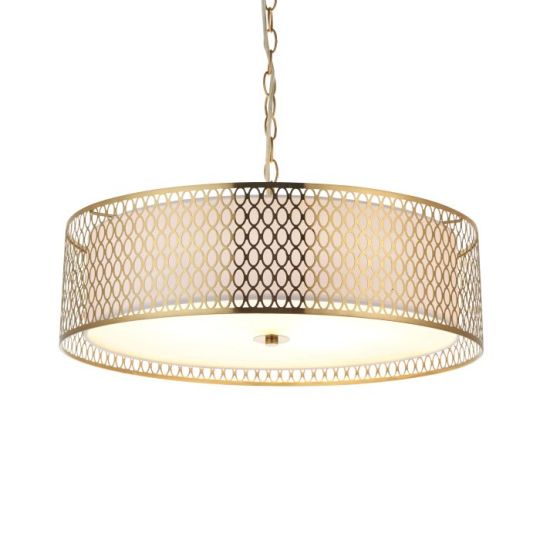 Endon Cordero 3lt Pendant in Gold Effect Plate, White Fabric & Frosted Glass