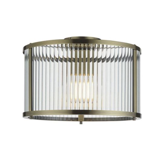 Endon Ridgeton 1lt Flush in Antique Brass Plate & Clear Ribbed Glass