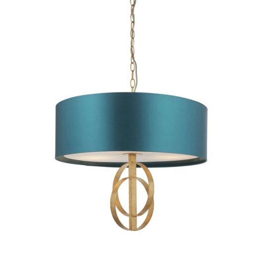 Blackstone Bastonique 3 lt 600-1980mm x 600mm Multi Arm Lamp Pendant Light Finished In Antique Gold Leaf & Teal Satin Fabric