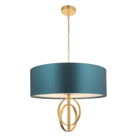 Blackstone Bastonique 5 lt 650-2040mm x 700mm Multi Arm Shade Pendant Light Finished In Antique Gold Leaf & Teal Satin Fabric