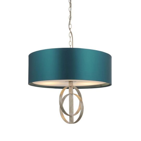 Blackstone Bastonique 3 lt 600-1980mm x 600mm Multi Arm Lamp Pendant Light Finished In Antique Silver Leaf & Teal Satin Fabric