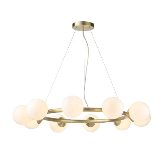 Blackstone Prismique 10 lt 300-1620mm x 917mm Multi Arm Glass Pendant Light Finished In Satin Brass Plate & Gloss White Glass