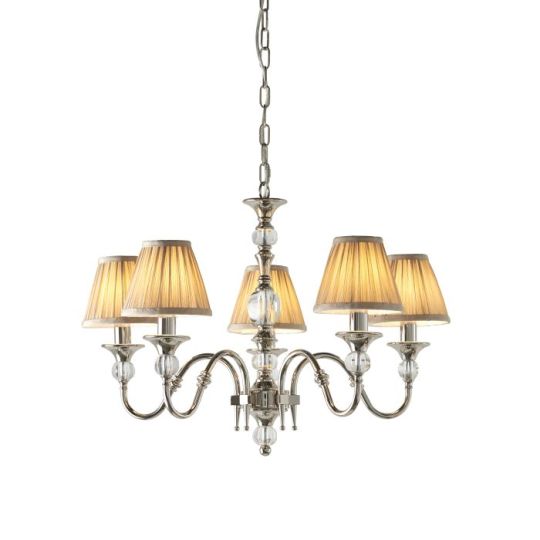 Interiors 1900 Polina Nickel 5Lt Pendant in Polished Nickel Plate & Beige Fabric