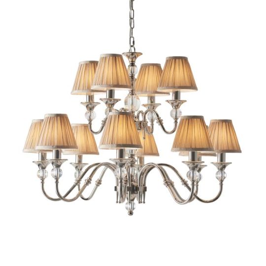 Interiors 1900 Polina Nickel 12Lt Pendant in Polished Nickel Plate & Beige Fabric