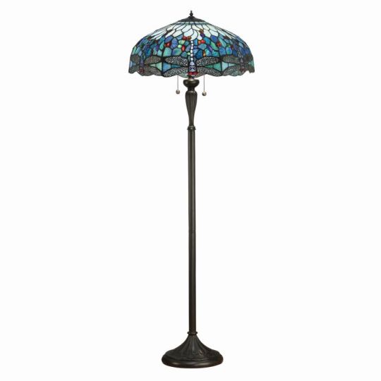 Tiffany Dragonfly Blue 2Lt Floor in Tiffany Glass & Dark Bronze Finish With Highlights