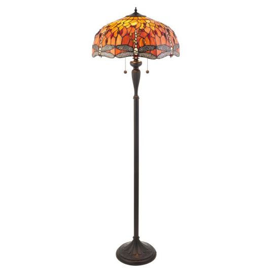 Tiffany Dragonfly Flame 2Lt Floor in Tiffany Glass & Dark Bronze Finish With Highlights