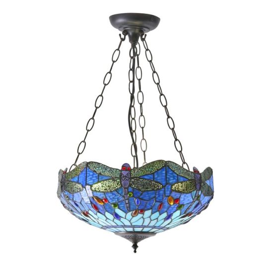 Tiffany Dragonfly Blue 3Lt Pendant in Tiffany Glass & Dark Bronze Finish With Highlights