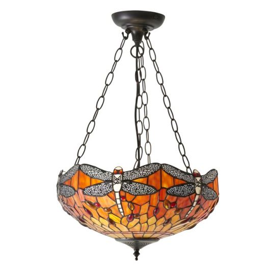 Tiffany Dragonfly Flame 3Lt Pendant in Tiffany Glass & Dark Bronze Finish With Highlights