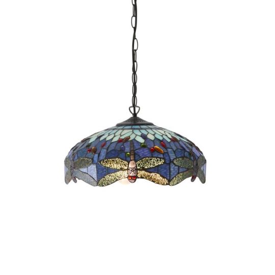 Tiffany Dragonfly Blue 3Lt Pendant in Tiffany Glass & Dark Bronze Finish With Highlights