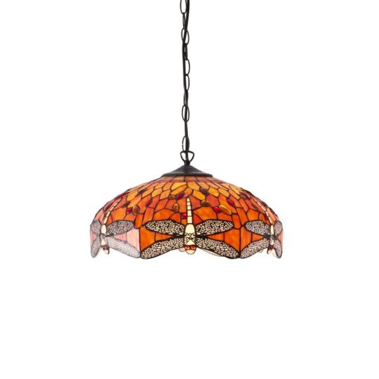 Tiffany Dragonfly Flame 3Lt Pendant in Tiffany Glass & Dark Bronze Finish With Highlights