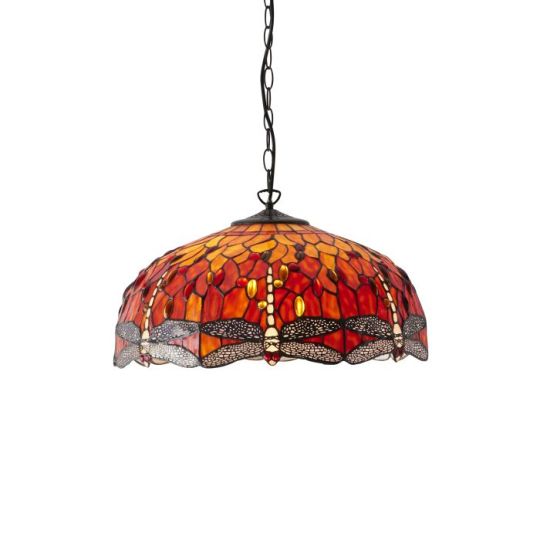 Tiffany Dragonfly Flame 3Lt Pendant in Tiffany Glass & Dark Bronze Finish With Highlights