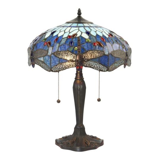 Tiffany Dragonfly Blue 2Lt Table in Tiffany Glass & Dark Bronze Finish With Highlights