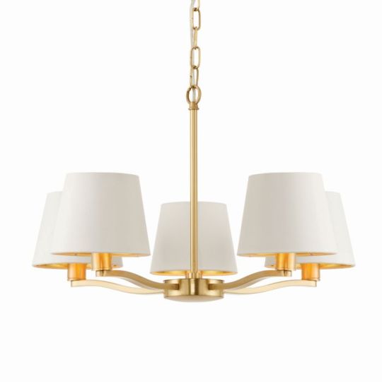 Endon Harvey 5lt Pendant in Brushed Satin Gold Finish & Vintage White Fabric