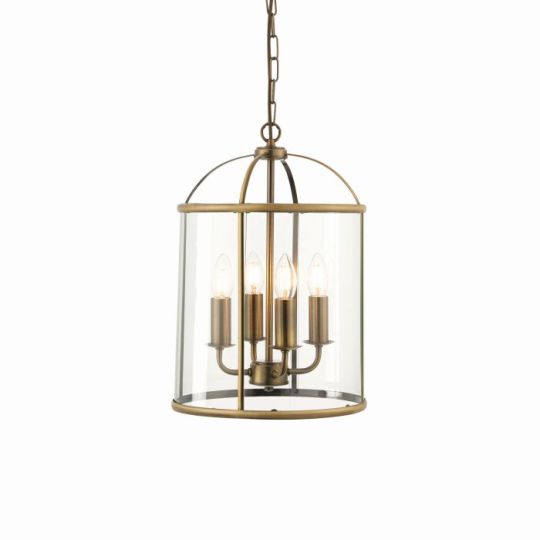 Endon Lambeth 4lt Pendant in Antique Brass Plate & Clear Glass