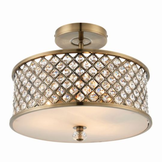 Endon Hudson 3lt Flush in Antique Brass Plate & Clear Crystal