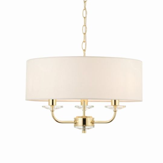 Endon Nixon 3lt Pendant in Brass Plate & Vintage White Fabric