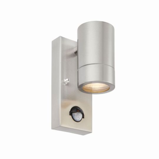 Saxby Palin Pir 1Lt Wall Ip44 7W in Brushed Stainless Steel & Clear Glass