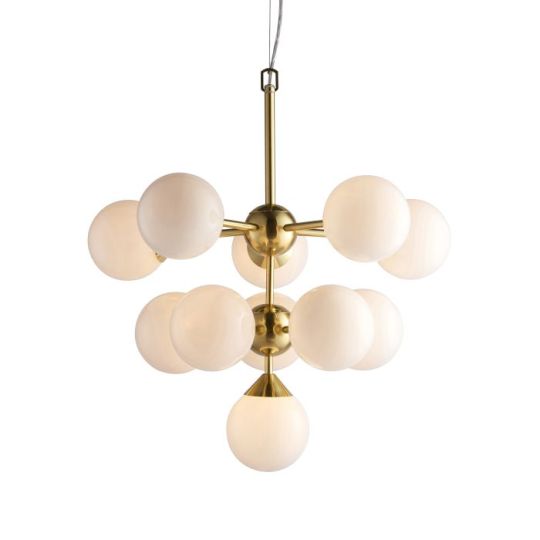 Endon Oscar 11lt Pendant in Satin Brass Plate & Gloss White Glass