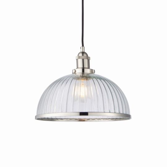 Endon Hansen 1lt Pendant in Bright Nickel Plate & Clear Ribbed Glass