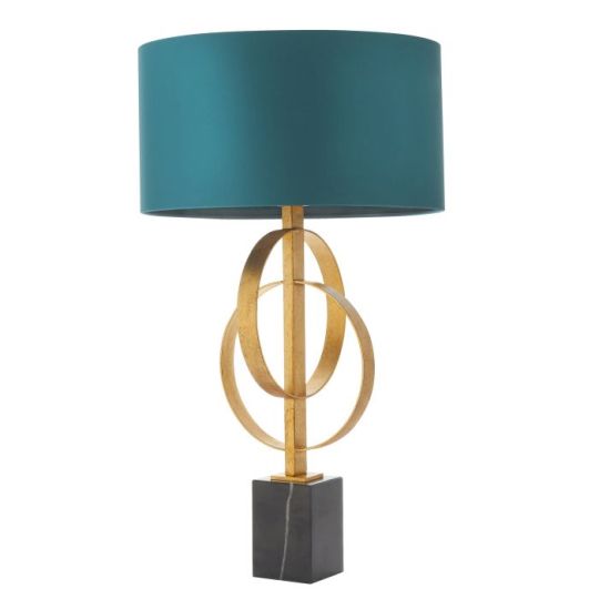 Blackstone Bastonique 1 lt 660mm x 380mm Base & Shade Table Light Finished In Antique Gold Leaf & Teal Satin Fabric