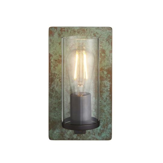 Blackstone Trumio 1 lt 138mm x 255mm x 140mm Metal Wall Light Finished In Verdigris Bronze Plate & Clear Glass