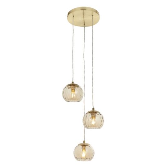 Endon Dimple 3lt Pendant in Satin Brass Plate & Champagne Lustre Glass