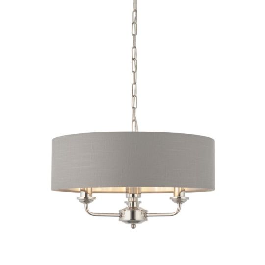 Endon Highclere 3lt Pendant in Bright Nickel Plate & Charcoal Fabric