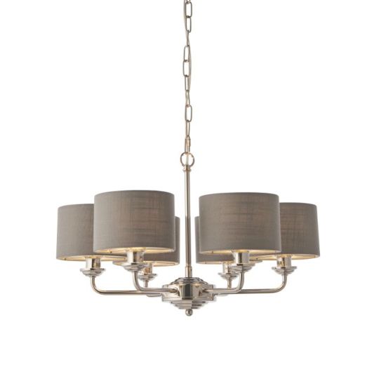 Endon Highclere 6lt Pendant in Bright Nickel Plate & Charcoal Fabric