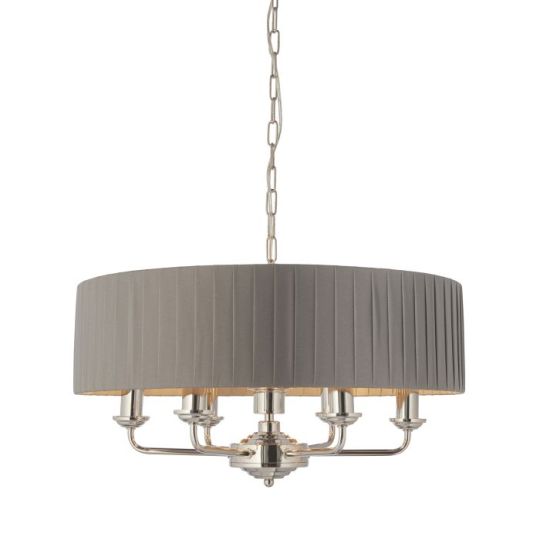 Endon Highclere 6lt Pendant in Bright Nickel Plate & Charcoal Fabric