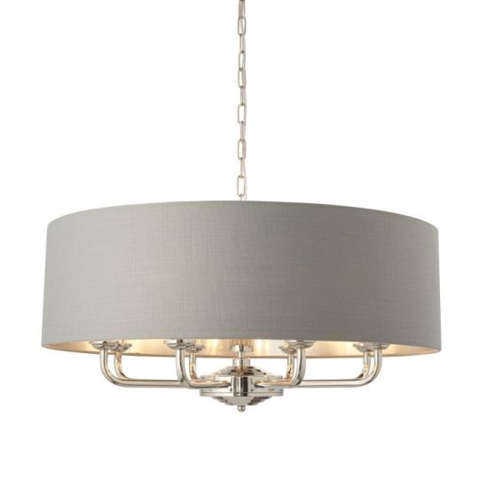 Endon Highclere 8lt Pendant in Bright Nickel Plate & Charcoal Fabric