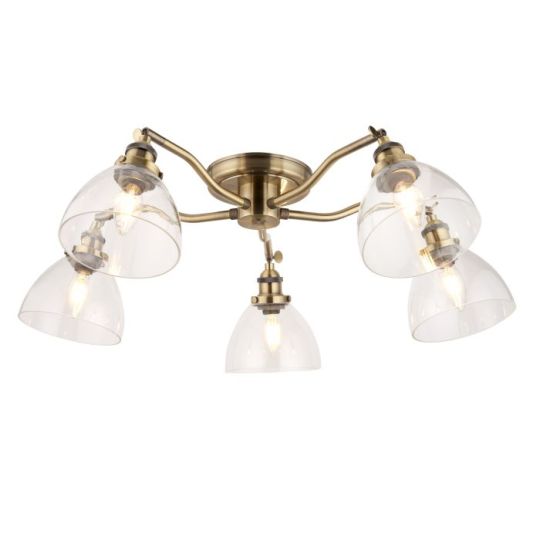 Endon Hansen 5lt Semi flush in Antique Brass Plate & Clear Glass