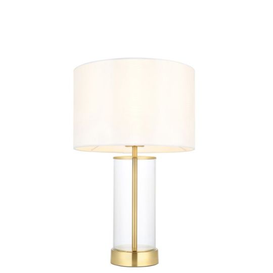 Endon Lessina 1lt Table in Satin Brass Plate, Clear Glass & Vintage White Fabric