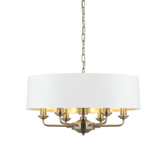 Endon Highclere 6lt Pendant in Antique Brass Plate & Vintage White Fabric