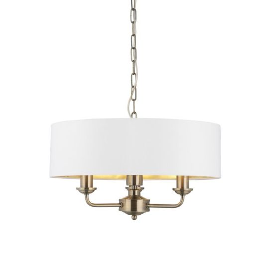 Endon Highclere 3lt Pendant in Antique Brass Plate & Vintage White Fabric