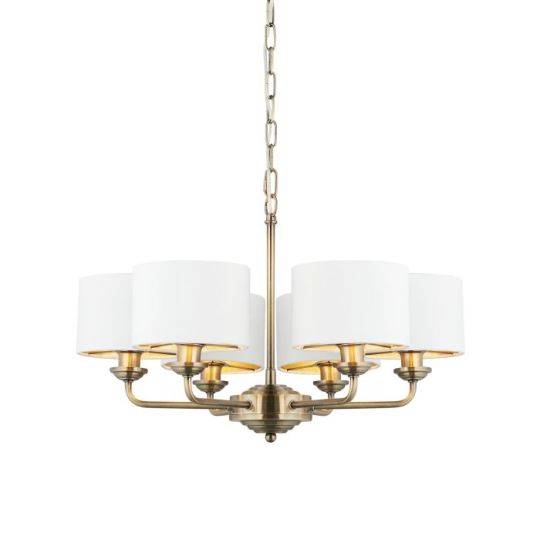 Endon Highclere 6lt Pendant in Antique Brass Plate & Vintage White Fabric