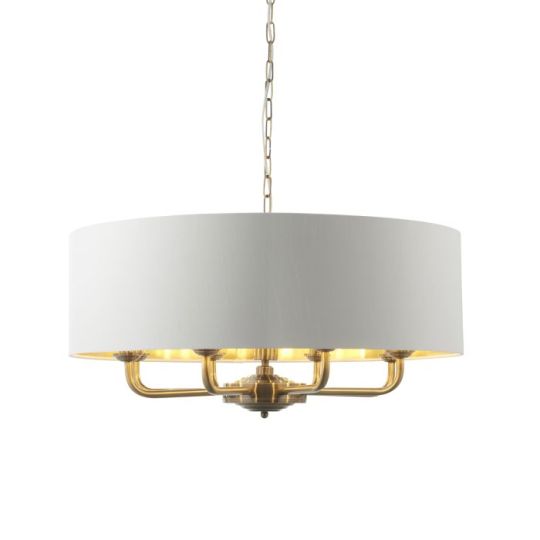 Endon Highclere 8lt Pendant in Antique Brass Plate & Vintage White Fabric