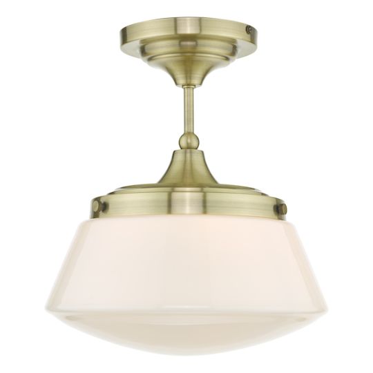 Dar Caden Bathroom Semi Flush Antique Brass Opal Glass IP44