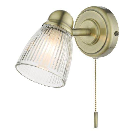 Dar Cedric Bathroom Single Wall Spotlight Antique Brass Glass IP44