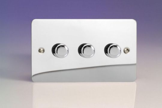 Varilight Polished Chrome 3-Gang 2-Way Push On/Off Rotary LED Dimmer 3 x 0-120W (1-10 LEDs) (Twin Plate)