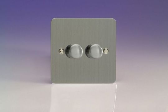 Varilight Brushed Steel 2-Gang 2-Way Push On/Off Rotary LED Dimmer 2 x 0-120W (1-10 LEDs)