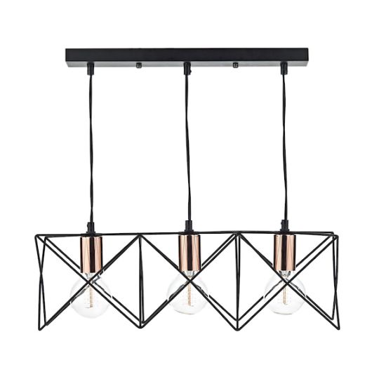 Dar Midi 3 Light Bar Pendant Black & Bright Copper Detail