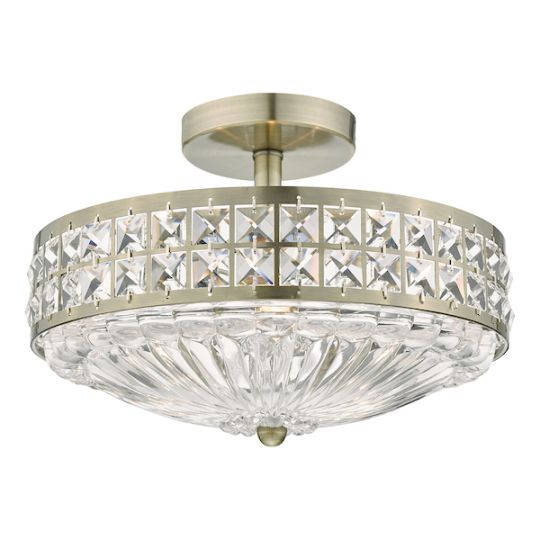 Dar Olona 3L Light Semi Flush Antique Brass Crystal Beads and Glass Diffuser