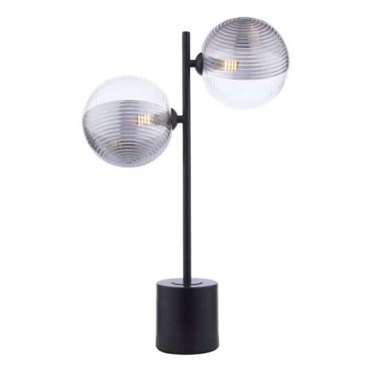 Dar Spiral 2 Light Table Lamp Matt Black & Smoked/Clear Ribbed Glass