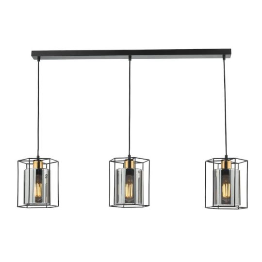 Dar Tatum 3 Light Bar Pendant Matt Black and Smoked Glass