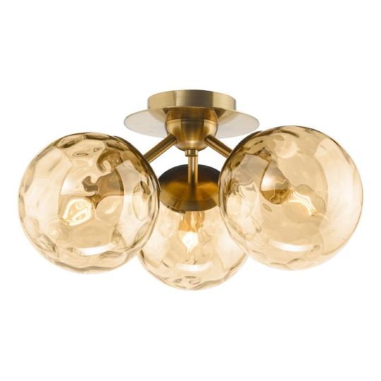 Dar Ulrika 3 Light Semi-Flush Antique Brass and Amber Glass