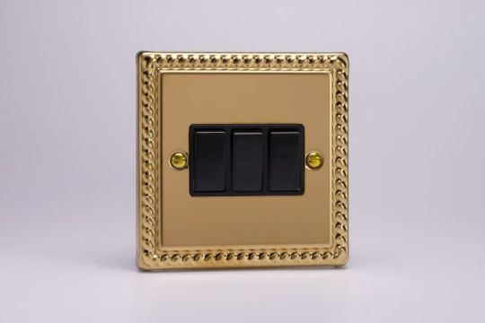 Varilight Georgian Brass 3-Gang 10A 1- or 2-Way Rocker Switch