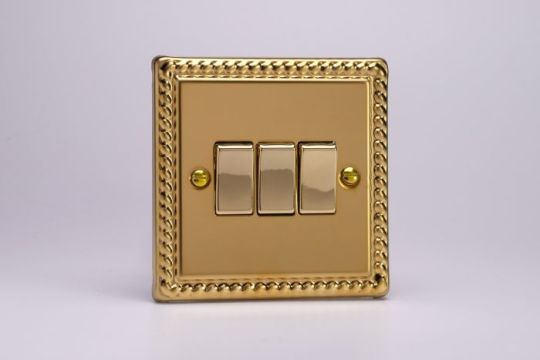 Varilight Georgian Brass 3-Gang 10A 1- or 2-Way Rocker Switch