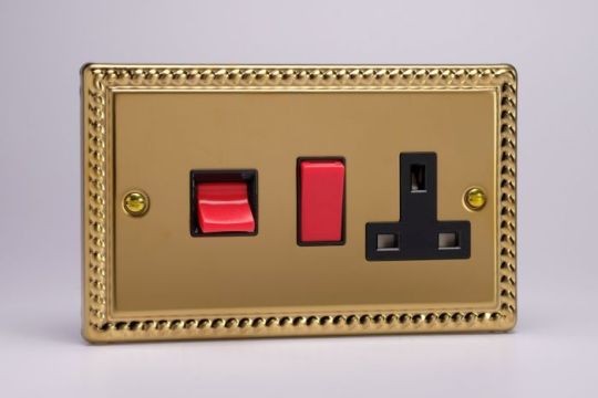 Varilight Georgian Brass 45A Cooker Panel with 13A Double Pole Switched Socket Outlet (Red Rocker)