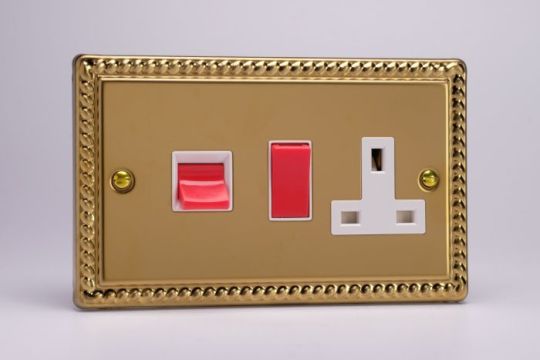 Varilight Georgian Brass 45A Cooker Panel with 13A Double Pole Switched Socket Outlet (Red Rocker)