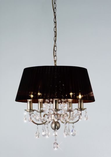 Diyas IL30047 Olivia Pendant With Black Shade 5 Light Antique Brass/Crystal